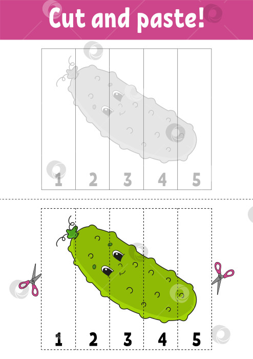 Скачать Учим цифры 1-5. Вырезаем и склеиваем. Персонаж- огурец. Развивающий лист для обучения. Игра для детей. Страница с заданиями. Цветная векторная иллюстрация. Мультяшный стиль. фотосток Ozero