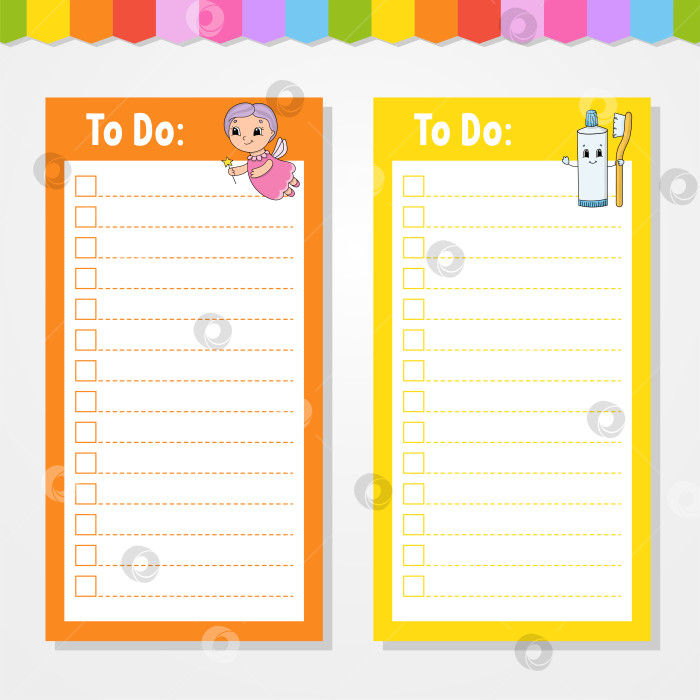 Скачать Список дел для детей. Пустой шаблон. Прямоугольная форма. Изолированная цветная векторная иллюстрация. Забавный персонаж. Мультяшный стиль. Для дневника, записной книжки, закладки. фотосток Ozero