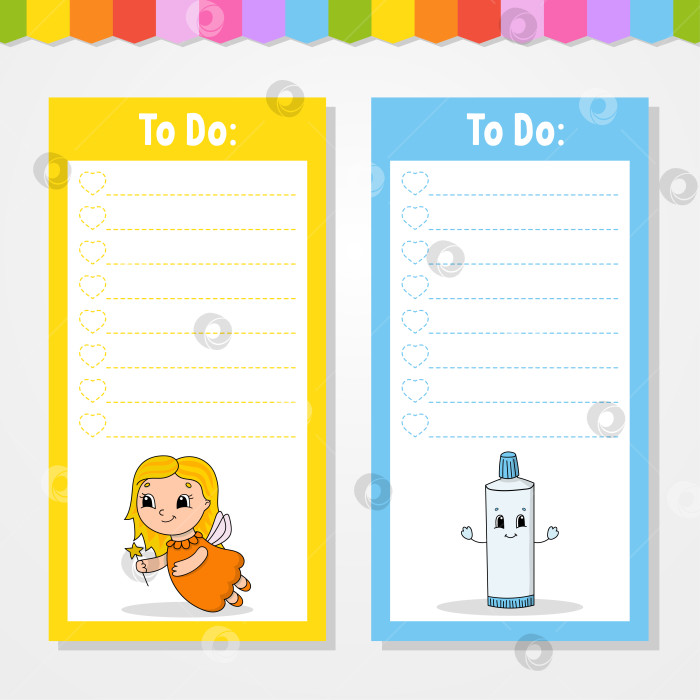 Скачать Список дел для детей. Пустой шаблон. Прямоугольная форма. Изолированная цветная векторная иллюстрация. Забавный персонаж. Мультяшный стиль. Для дневника, записной книжки, закладки. фотосток Ozero