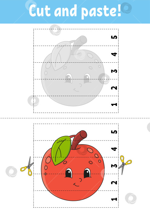 Скачать Учим цифры 1-5. Вырезаем и склеиваем. Персонаж Apple. Развивающий лист для обучения. Игра для детей. Страница с заданиями. Цветная векторная иллюстрация. Мультяшный стиль. фотосток Ozero