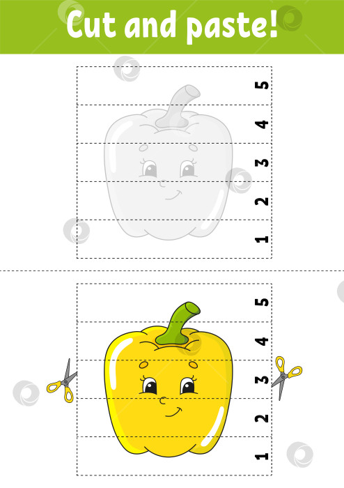 Скачать Учим цифры 1-5. Вырезаем и склеиваем. Персонаж Пеппер. Развивающий лист для обучения. Игра для детей. Страница с заданиями. Цветная векторная иллюстрация. Мультяшный стиль. фотосток Ozero