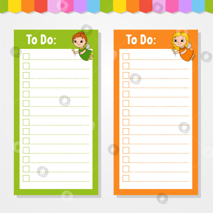 Скачать Список дел для детей. Пустой шаблон. Прямоугольная форма. Изолированная цветная векторная иллюстрация. Забавный персонаж. Мультяшный стиль. Для дневника, записной книжки, закладки. фотосток Ozero