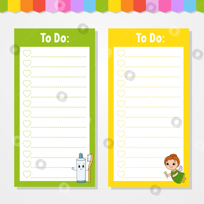 Скачать Список дел для детей. Пустой шаблон. Прямоугольная форма. Изолированная цветная векторная иллюстрация. Забавный персонаж. Мультяшный стиль. Для дневника, записной книжки, закладки. фотосток Ozero