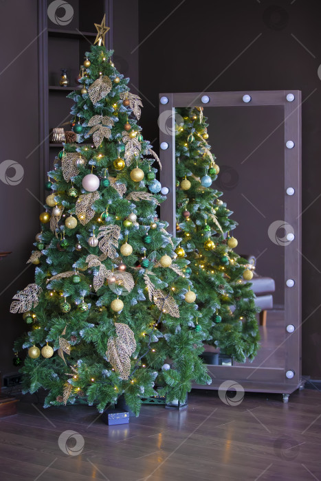 Скачать Рождественская елка на коричневом фоне в интерьерной фотостудии. фотосток Ozero