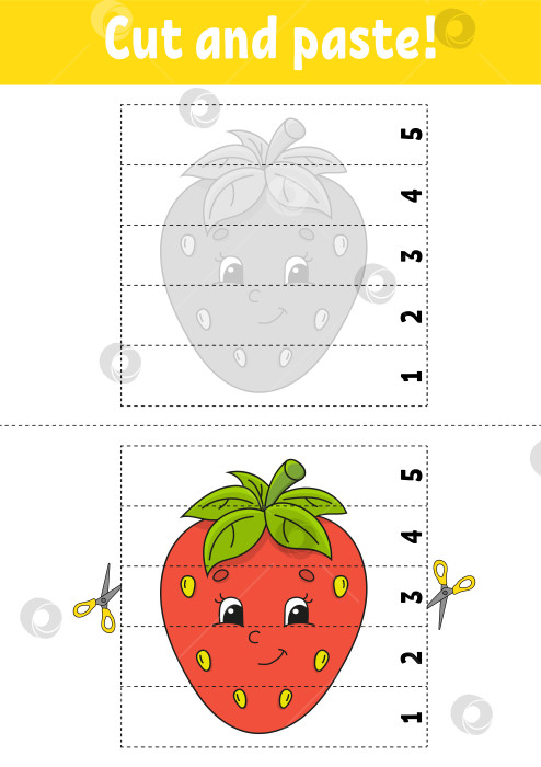 Скачать Учим цифры 1-5. Вырезаем и склеиваем. Персонаж-клубничка. Развивающий лист для обучения. Игра для детей. Страница с заданиями. Цветная векторная иллюстрация. Мультяшный стиль. фотосток Ozero