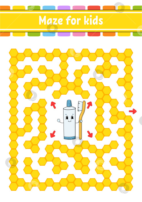 Скачать Прямоугольный цветной лабиринт. Игра для детей. Забавный лабиринт. Развивающий лист для обучения. Страница с заданиями. Головоломка для детей. Персонаж из мультфильма. Логическая головоломка. Векторная иллюстрация. фотосток Ozero