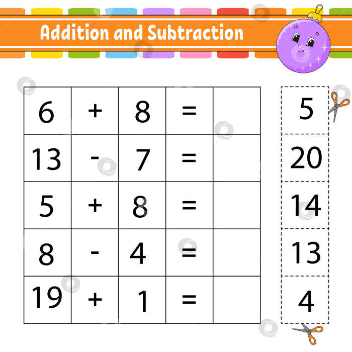 Скачать Сложение и вычитание. Задание для детей. Вырезаем и вставляем. Развивающий лист для обучения. Страница с упражнениями. Игра для детей. Забавный персонаж. Изолированная векторная иллюстрация. мультяшный стиль. фотосток Ozero