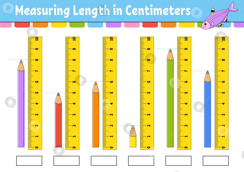 Скачать Измерьте длину в сантиметрах с помощью линейки. Развивающий лист для обучения. Игра для детей. Раскрась страницу с заданиями. Головоломка для детей. Милый персонаж. Векторная иллюстрация. мультяшный стиль. фотосток Ozero