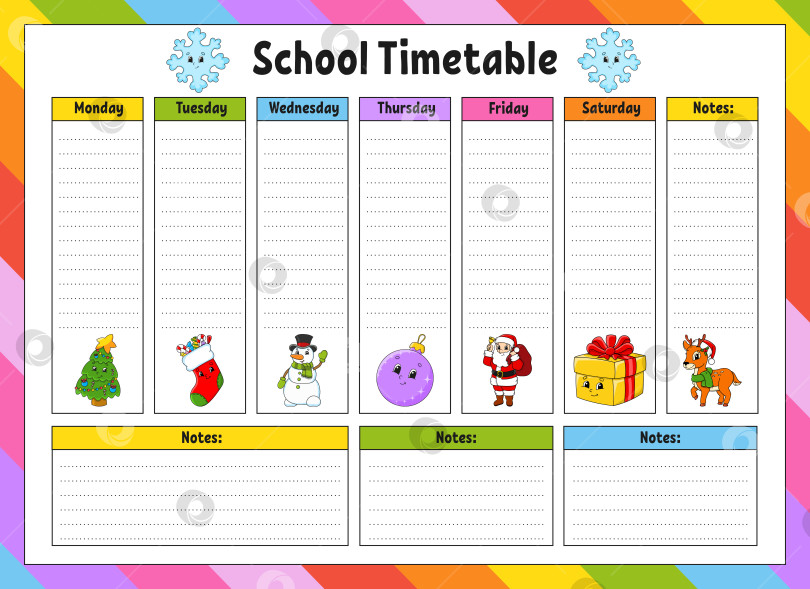 Скачать Школьное расписание. Расписание для школьников. Пустой шаблон. Еженедельник с заметками. мультяшный персонаж. Векторная иллюстрация. фотосток Ozero