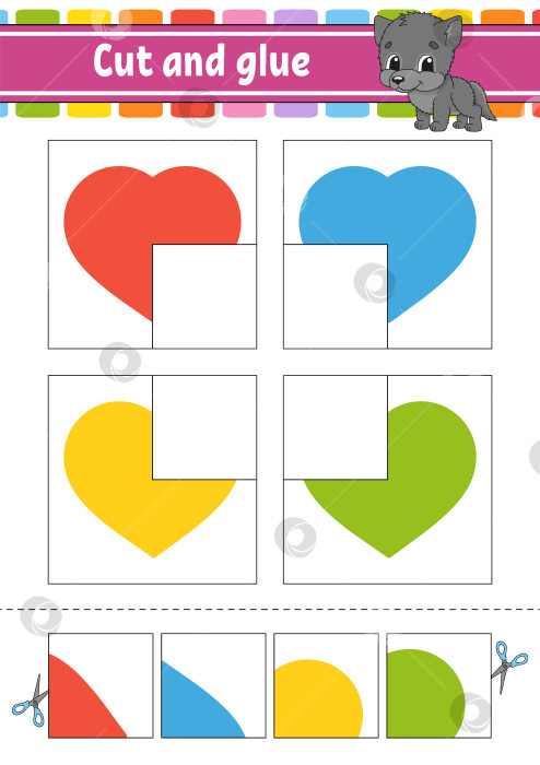 Скачать Вырежьте и склейте. Четыре флеш-карты. Цветной пазл. Развивающий лист для обучения. Страница с упражнениями. Игра для детей. Забавный персонаж. Изолированная векторная иллюстрация. Мультяшный стиль. фотосток Ozero