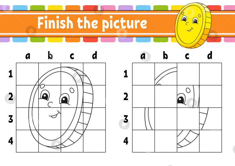 Скачать Дорисуй картинку. Золотая монета. Раскраски для детей. Развивающий лист. Игра для детей. Тренируй почерк. Мультяшный персонаж. Векторная иллюстрация. фотосток Ozero