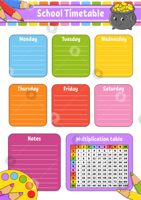 Скачать Школьное расписание с таблицей умножения. Для обучения детей. Выделено на белом фоне. С симпатичным мультяшным персонажем. фотосток Ozero