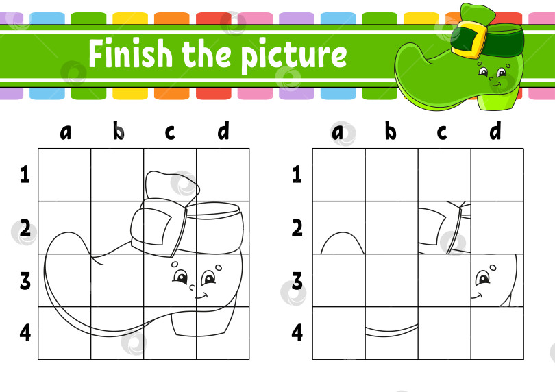 Скачать Дорисуй картинку. Раскраски для детей. Развивающий лист. Сапожок Лепрекона. Тренируй почерк. Мультяшный персонаж. Векторная иллюстрация. фотосток Ozero