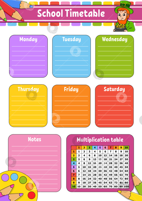 Скачать Школьное расписание с таблицей умножения. Для обучения детей. Выделено на белом фоне. С симпатичным мультяшным персонажем. фотосток Ozero