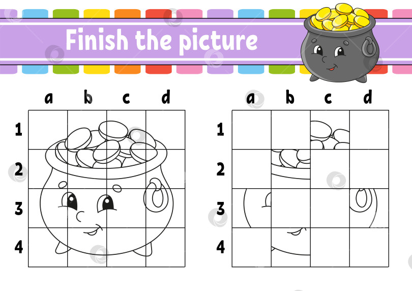 Скачать Дорисуй картинку. Раскраски для детей. Развивающий лист. Горшочек с золотом. Тренируй почерк. Мультяшный персонаж. Векторная иллюстрация. фотосток Ozero