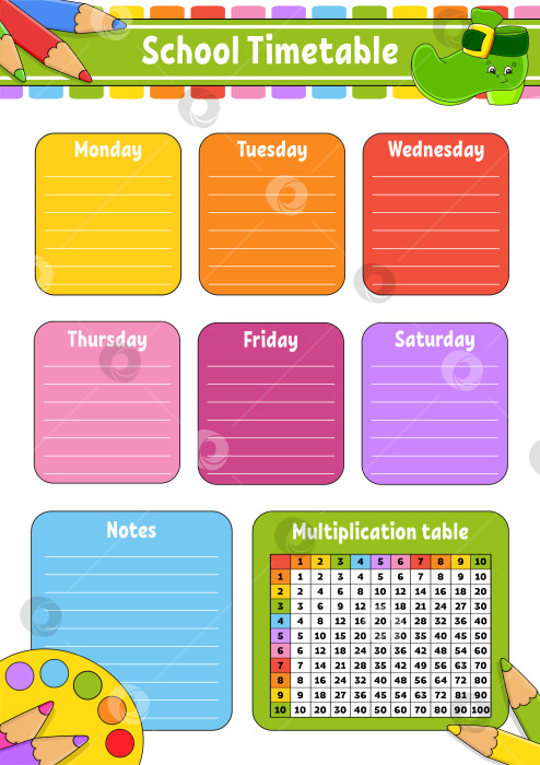 Скачать Школьное расписание с таблицей умножения. Для обучения детей. Выделено на белом фоне. С симпатичным мультяшным персонажем. фотосток Ozero