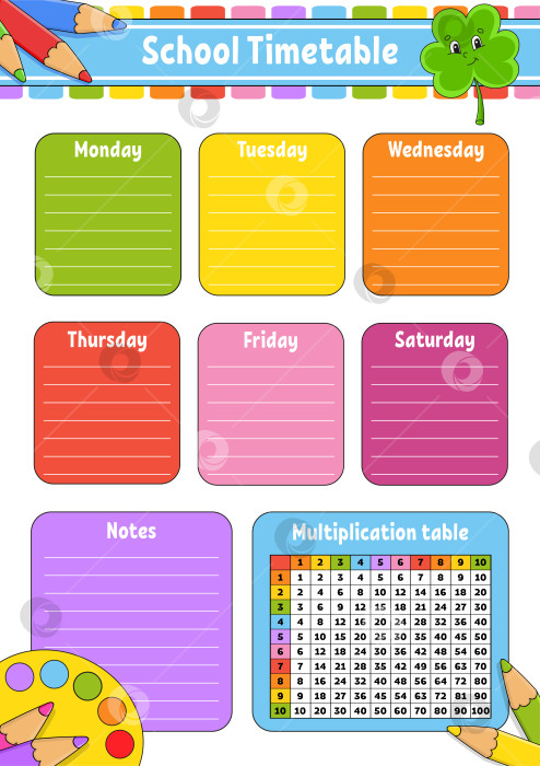 Скачать Школьное расписание с таблицей умножения. Для обучения детей. Выделено на белом фоне. С симпатичным мультяшным персонажем. фотосток Ozero