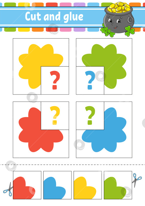 Скачать Вырежьте и приклейте. Набор флэш-карт. Учебный лист. Страница с упражнениями. Четыре цветка. Игра для детей. Мультяшный персонаж. Изолированная векторная иллюстрация. фотосток Ozero