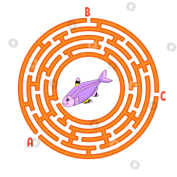 Скачать Круговой лабиринт. Игра для детей. Рыба. Головоломка для детей. Головоломка с круглым лабиринтом. Цветная векторная иллюстрация. Найдите правильный путь. Учебный лист. фотосток Ozero