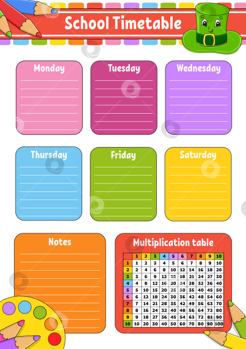 Скачать Школьное расписание с таблицей умножения. Для обучения детей. Выделено на белом фоне. С симпатичным мультяшным персонажем. фотосток Ozero