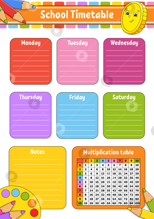 Скачать Школьное расписание с таблицей умножения. Для обучения детей. Выделено на белом фоне. С симпатичным мультяшным персонажем. фотосток Ozero
