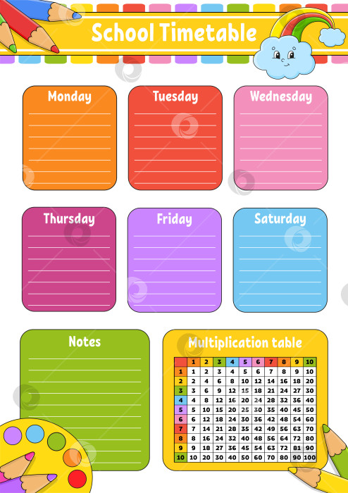 Скачать Школьное расписание с таблицей умножения. Для обучения детей. Выделено на белом фоне. С симпатичным мультяшным персонажем. фотосток Ozero