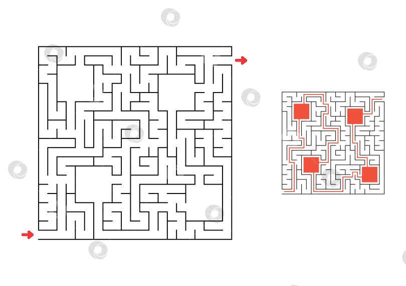 Скачать Квадратный лабиринт с ответом. Игра для детей. Головоломка для детей. Головоломка-лабиринт. Найди правильный путь. фотосток Ozero