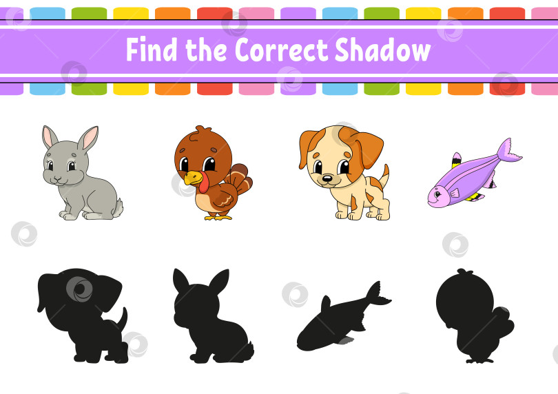 Скачать Найди нужную тень. Тема - животные. Развивающий лист для обучения. Игра на подбор цветов для детей. Раскрась страницу с заданиями. Головоломка для детей. Милый персонаж. Векторная иллюстрация. мультяшный стиль. фотосток Ozero
