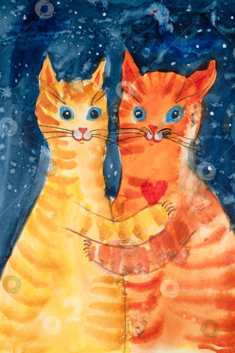Скачать детский акварельный рисунок своими руками на текстурированной бумаге - обнимающиеся кошки в оранжевую и красную полоску на фоне голубого неба. антропоморфизм. животные как люди, любят и заботятся. детская художественная роспись ручной работы фотосток Ozero