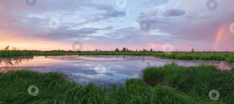 Скачать Красочный закат и радуга над болотом и лесом. фотосток Ozero