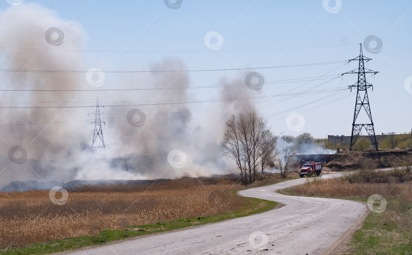 Скачать Возгорание сухой травы и камыша вблизи жилых зданий. фотосток Ozero