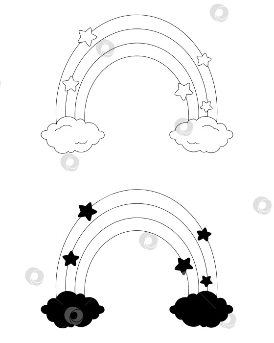Скачать Черный силуэт. Радуга и облака. Элемент дизайна. Векторная иллюстрация, выделенная на белом фоне. Шаблон для книг, наклеек, плакатов, открыток, одежды. фотосток Ozero