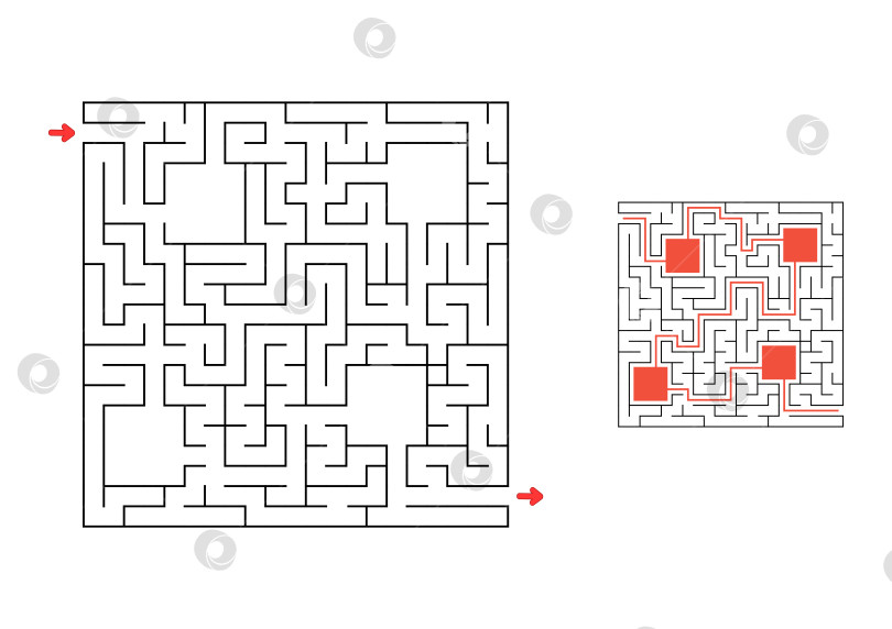Скачать Квадратный лабиринт с ответом. Игра для детей. Головоломка для детей. Головоломка-лабиринт. Найди правильный путь. фотосток Ozero