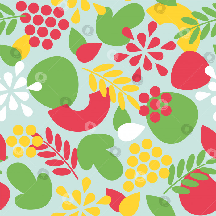 Скачать Абстрактный фруктовый бесшовный узор с виноградом, малиной, клубникой, яблоком, вишней, цветами и листьями. Векторный фон для упаковки, обоев, ткани фотосток Ozero