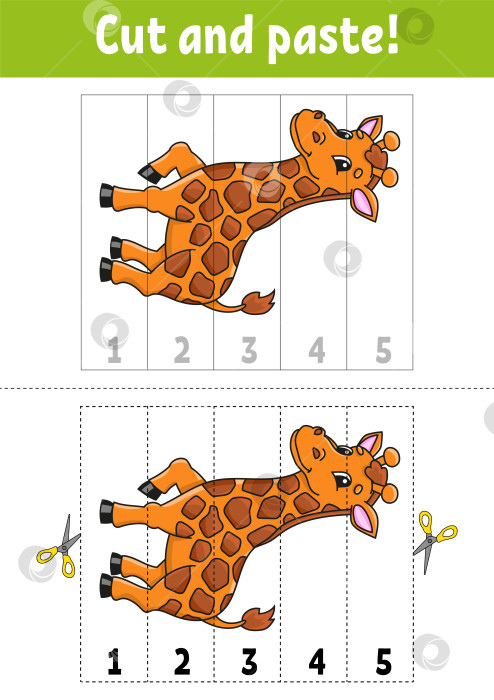 Скачать Учим цифры 1-5. Животное - жираф. Вырезаем и склеиваем. Персонаж-енот. Развивающий лист для обучения. Игра для детей. Страница с заданиями. Цветная векторная иллюстрация. фотосток Ozero