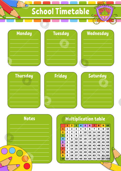 Скачать Школьное расписание с таблицей умножения. Для обучения детей. Выделено на белом фоне. С симпатичным мультяшным персонажем. фотосток Ozero