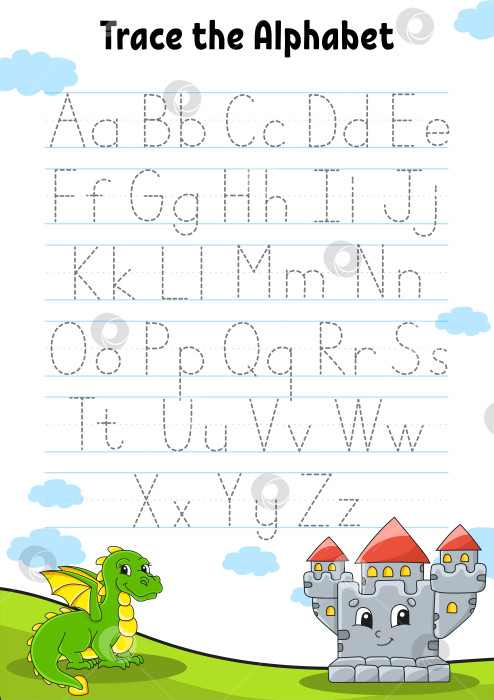 Скачать Написание букв. Страница для рисования. Тренировочный лист. Рабочая тетрадь для детей. Учим алфавит. Милый персонаж. Цветная векторная иллюстрация. Мультяшный стиль. фотосток Ozero