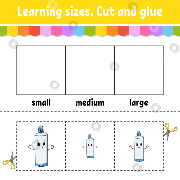 Скачать Учим размеры. Вырезаем и склеиваем. Простой уровень. Раскрашиваем рабочую тетрадь. Игра для детей. Персонаж мультфильма. Векторная иллюстрация. фотосток Ozero