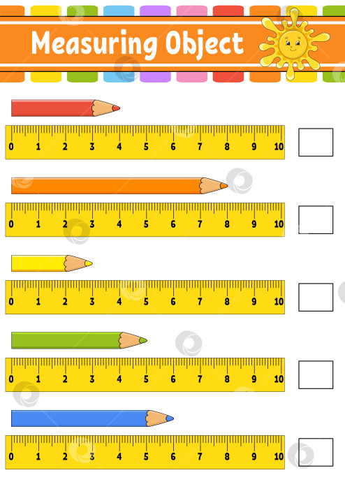 Скачать Измерьте предмет линейкой. Развивающий лист для обучения. Игра для детей. Раскрась страницу с заданиями. Головоломка для детей. Милый персонаж. Векторная иллюстрация. мультяшный стиль. фотосток Ozero