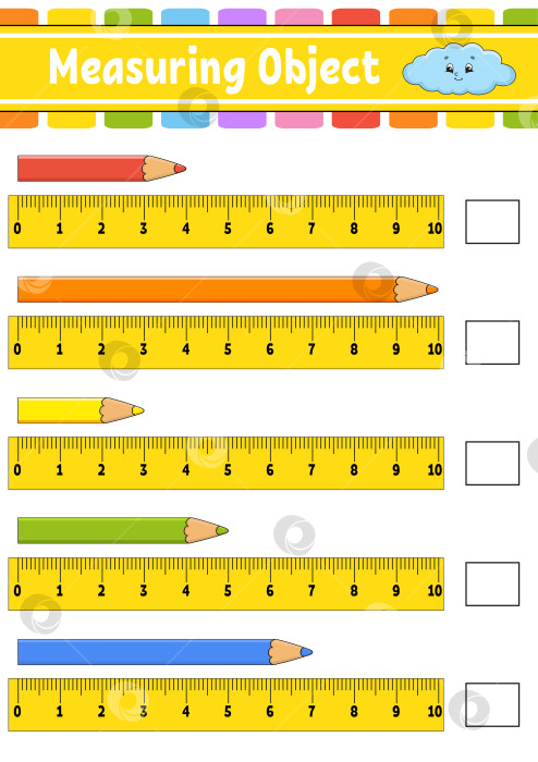 Скачать Измерьте предмет линейкой. Развивающий лист для обучения. Игра для детей. Раскрась страницу с заданиями. Головоломка для детей. Милый персонаж. Векторная иллюстрация. мультяшный стиль. фотосток Ozero