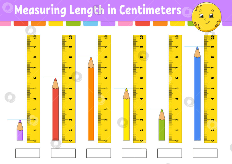 Скачать Измерьте длину в сантиметрах с помощью линейки. Развивающий лист для обучения. Игра для детей. Раскрась страницу с заданиями. Головоломка для детей. Милый персонаж. Векторная иллюстрация. мультяшный стиль. фотосток Ozero