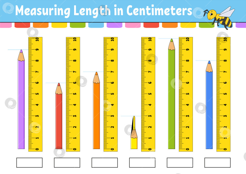 Скачать Измерьте длину в сантиметрах с помощью линейки. Развивающий лист для обучения. Игра для детей. Раскрась страницу с заданиями. Головоломка для детей. Милый персонаж. Векторная иллюстрация. мультяшный стиль. фотосток Ozero