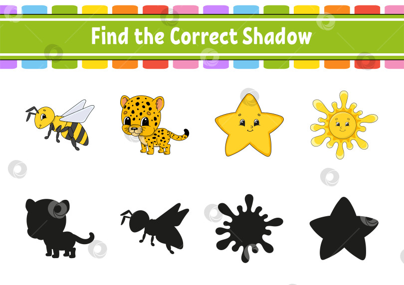 Скачать Найди правильную тень. Развивающий лист для обучения. Игра на подбор цветов для детей. Раскрась страницу с заданиями. Головоломка для детей. Милый персонаж. Векторная иллюстрация. Мультяшный стиль. фотосток Ozero