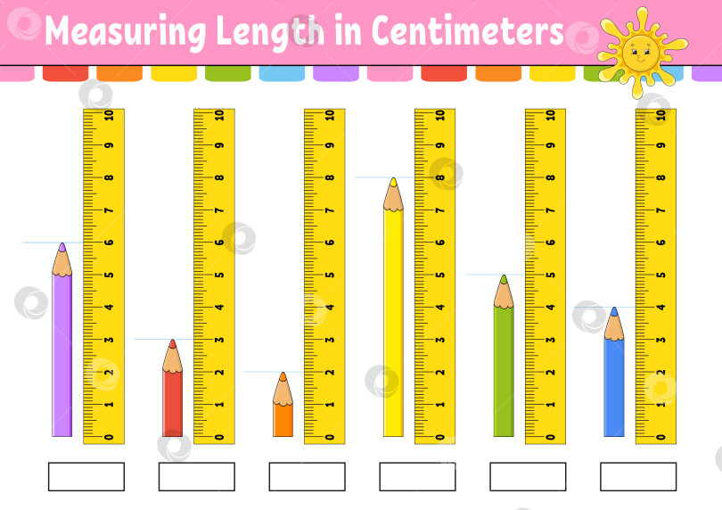 Скачать Измерьте длину в сантиметрах с помощью линейки. Развивающий лист для обучения. Игра для детей. Раскрась страницу с заданиями. Головоломка для детей. Милый персонаж. Векторная иллюстрация. мультяшный стиль. фотосток Ozero