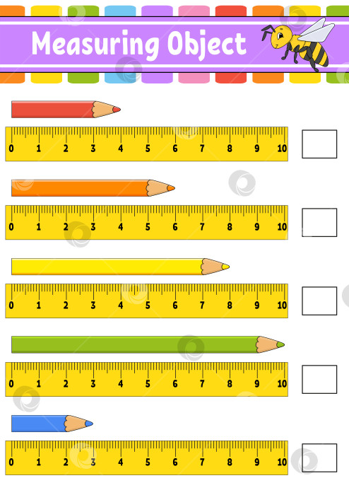 Скачать Измерьте предмет линейкой. Развивающий лист для обучения. Игра для детей. Раскрась страницу с заданиями. Головоломка для детей. Милый персонаж. Векторная иллюстрация. мультяшный стиль. фотосток Ozero