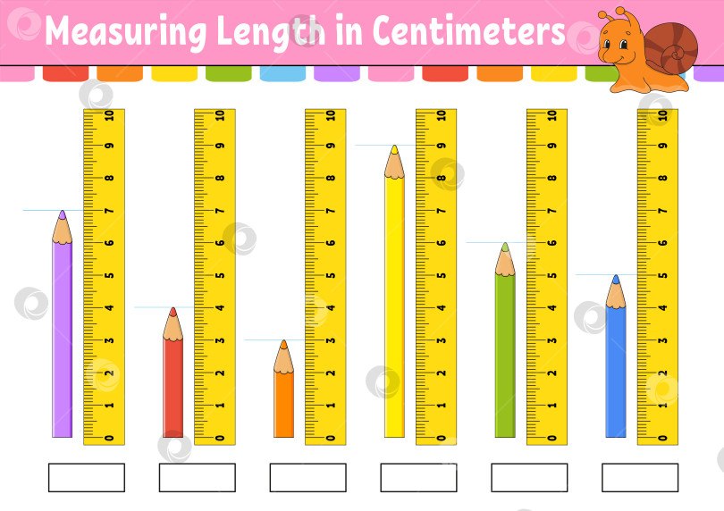 Скачать Измерьте длину в сантиметрах с помощью линейки. Развивающий лист для обучения. Игра для детей. Раскрась страницу с заданиями. Головоломка для детей. Милый персонаж. Векторная иллюстрация. мультяшный стиль. фотосток Ozero