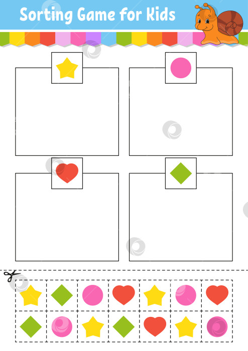 Скачать Игра-сортировка для детей. Вырезай и склеивай. Развивающий лист для обучения. Игра на подбор букв для детей. Раскрась страницу с заданиями. Головоломка для детей. Милый персонаж. Векторная иллюстрация. мультяшный стиль. фотосток Ozero