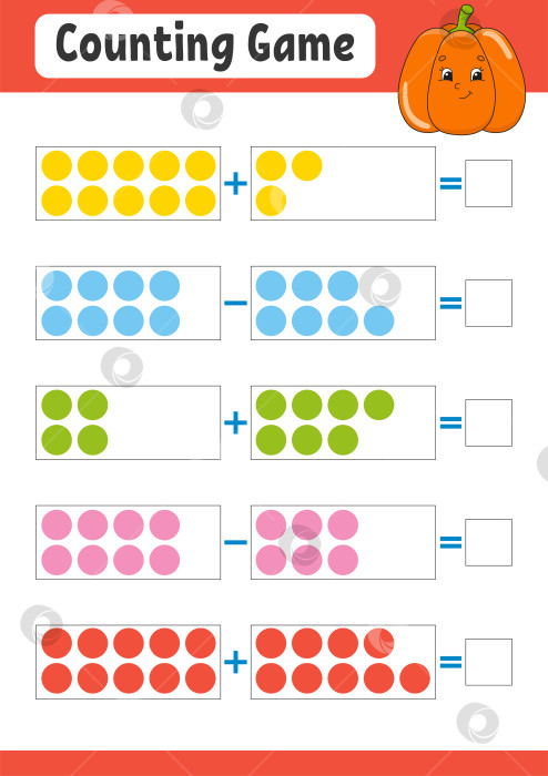 Скачать Сложение и вычитание. Задание для детей. Развивающий лист для обучения. Цветная страница с упражнениями. Игра для детей. Забавный персонаж. Изолированная векторная иллюстрация. мультяшный стиль. фотосток Ozero