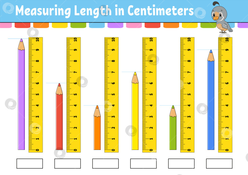 Скачать Измерьте длину в сантиметрах с помощью линейки. Развивающий лист для обучения. Игра для детей. Раскрась страницу с заданиями. Головоломка для детей. Милый персонаж. Векторная иллюстрация. мультяшный стиль. фотосток Ozero
