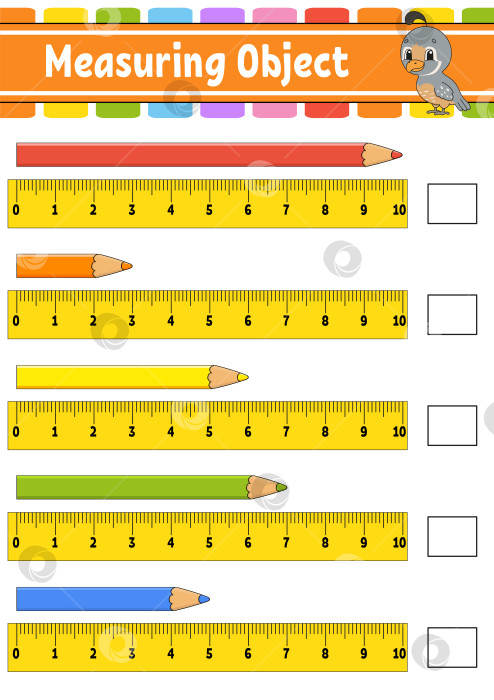Скачать Измерьте предмет линейкой. Развивающий лист для обучения. Игра для детей. Раскрась страницу с заданиями. Головоломка для детей. Милый персонаж. Векторная иллюстрация. мультяшный стиль. фотосток Ozero